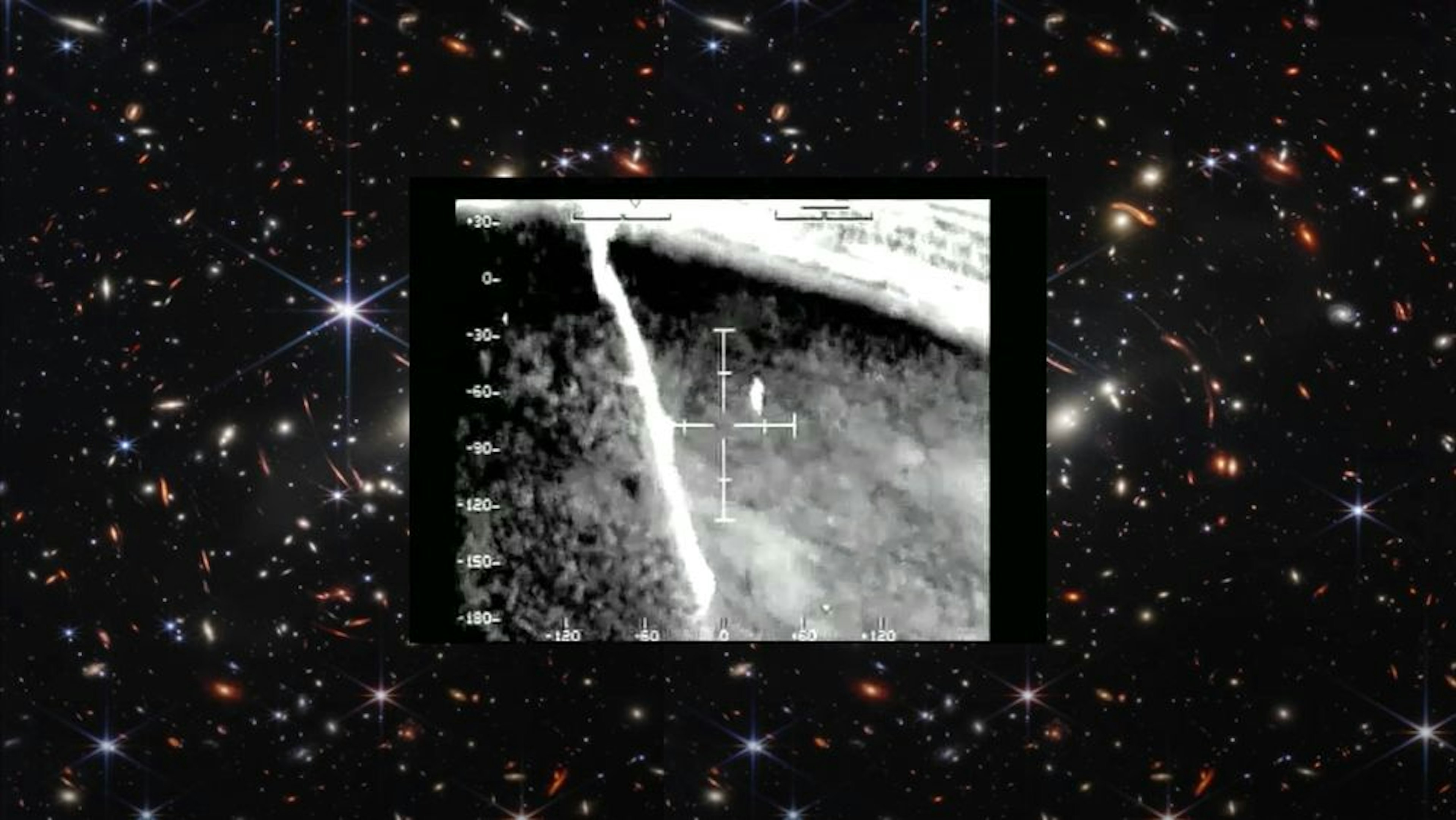 A square image is imposed over a background of stars in space. The square image is a capture of a viewfinder which showcases levels of measurements. 