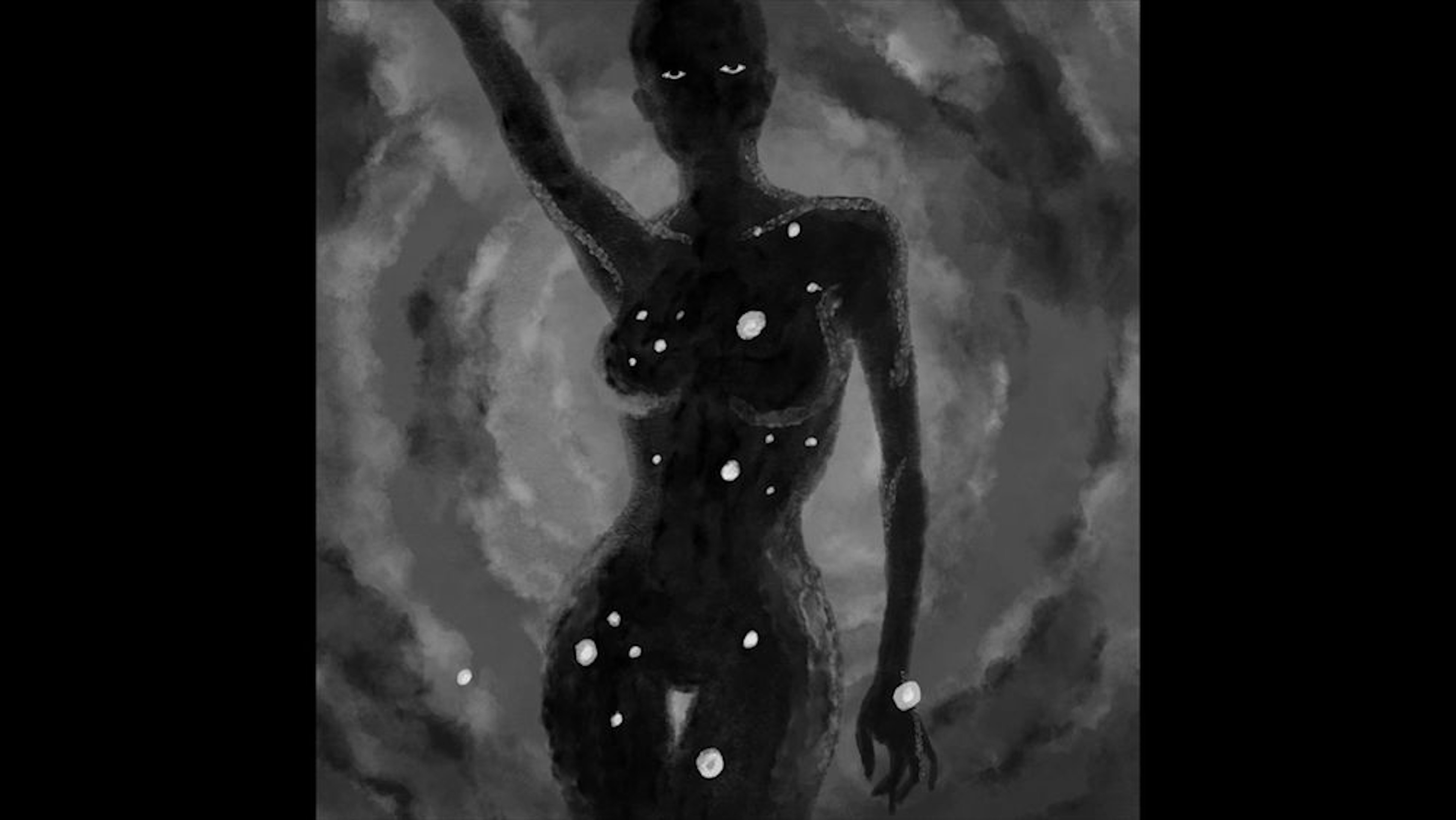 Black and white hand-drawn figure with white spots on the front of their body, their eyes illuminated. They have one arm raised in front of a textured background.