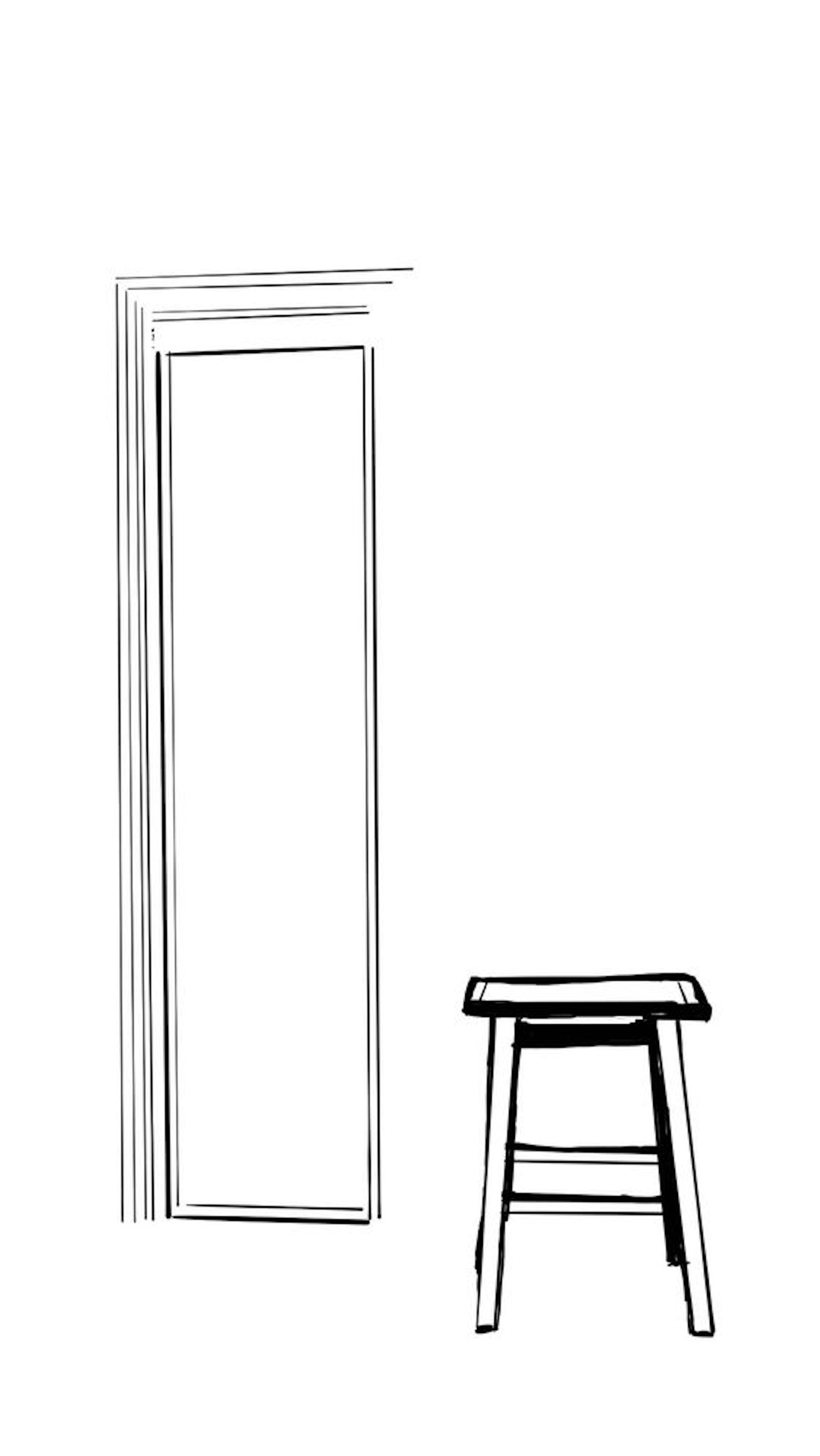 Minimal black and white line drawing. On the left are a grouping of lines that represent a section of a door. To the right is a stool drawn with thicker lines.