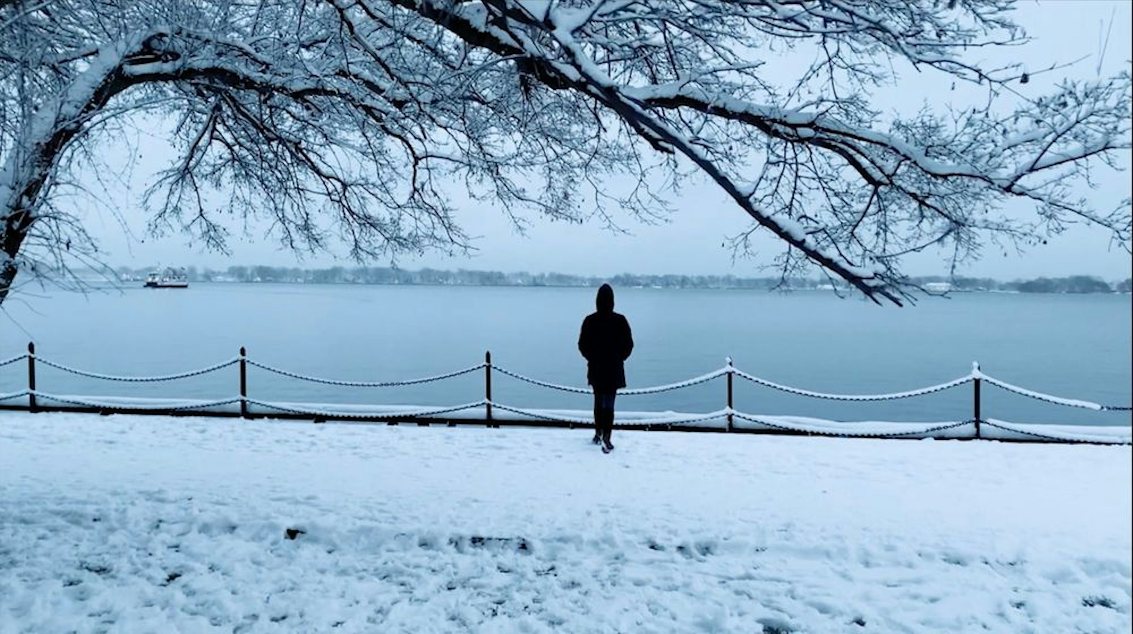 film still showing a winter snowy landscape depicting a person standing by the lake.