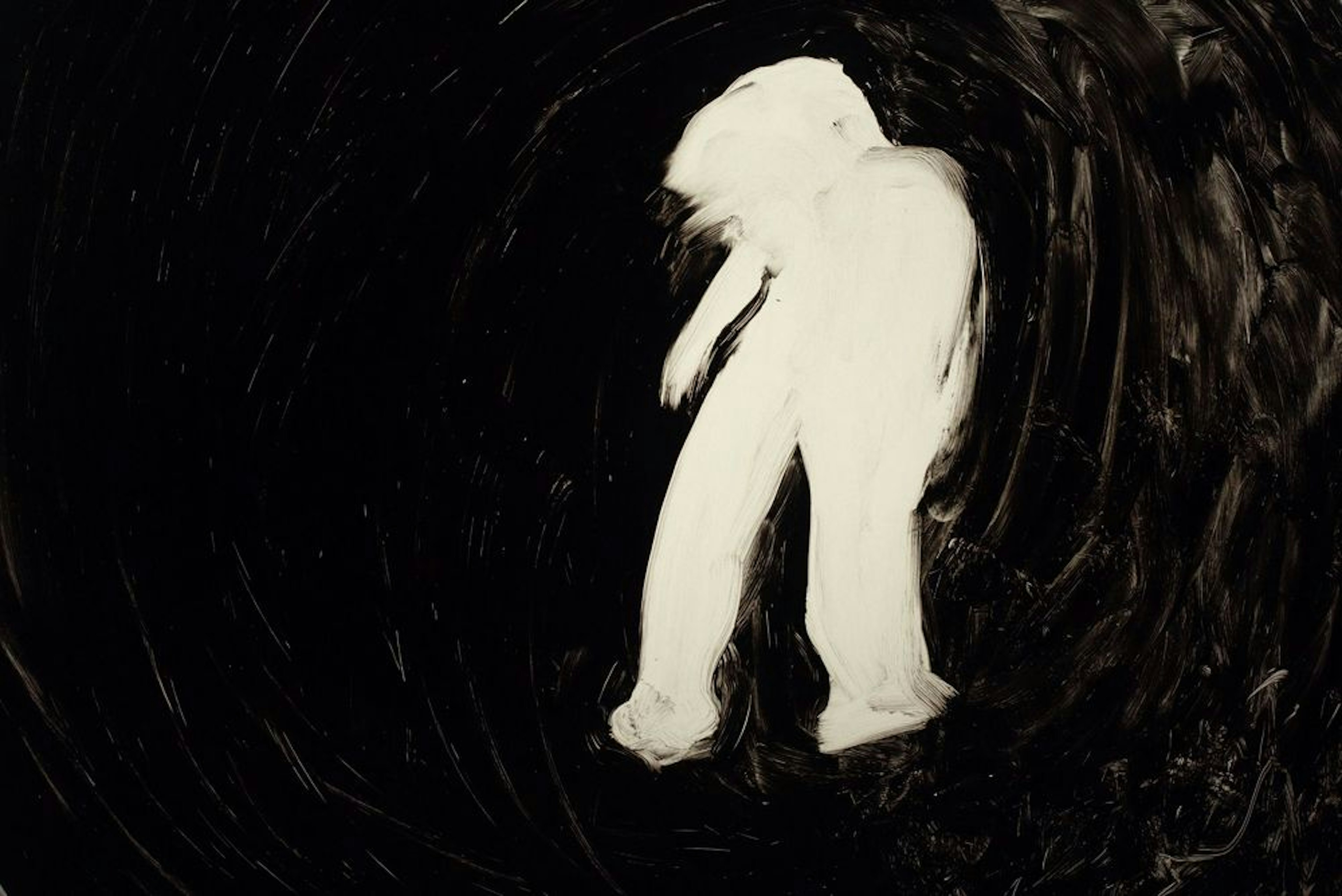 film still showing an abstract painting of a white human figure over a black background 